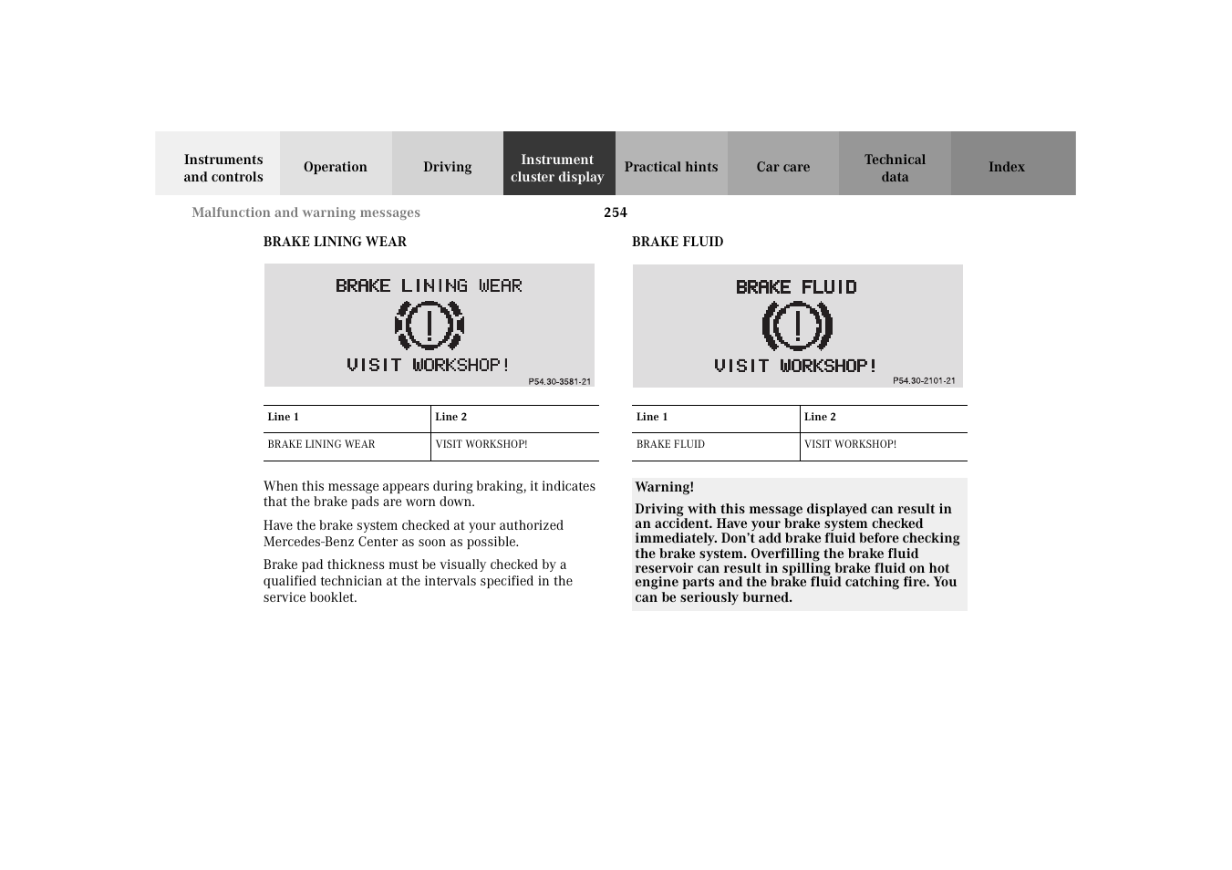 Brake lining wear, Brake fluid, Headlamps, taillamps, turn signal | Brake lining wear brake fluid | Mercedes-Benz 2003 E -Class Wagon User Manual | Page 257 / 354