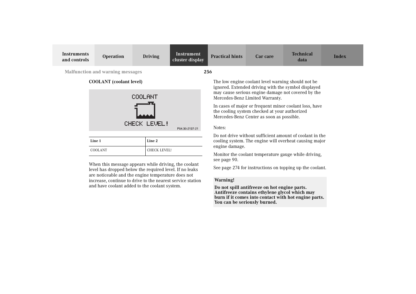 Coolant (coolant level) | Mercedes-Benz 2003 E -Class Wagon User Manual | Page 259 / 354