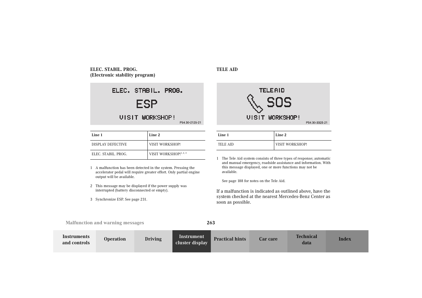 Elec. stabil. prog. (electronic stability program), Tele aid | Mercedes-Benz 2003 E -Class Wagon User Manual | Page 266 / 354