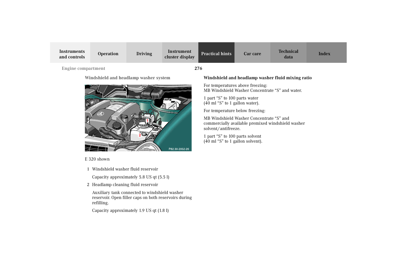 Windshield and headlamp washer system, Windshield and headlamp washer fluid mixing ratio, Windshield and headlamp washer | System | Mercedes-Benz 2003 E -Class Wagon User Manual | Page 279 / 354