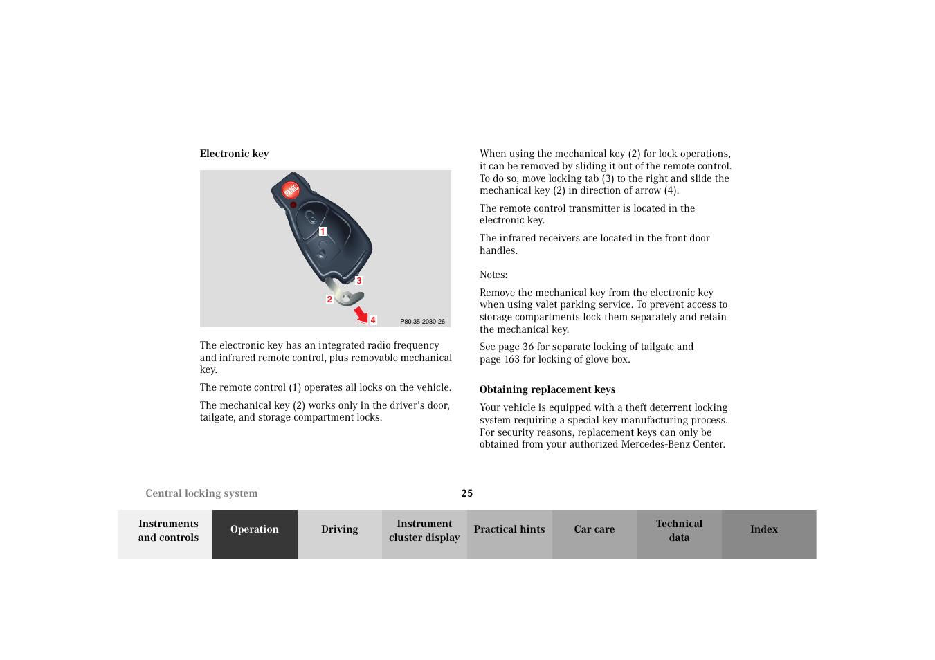 Central locking system, Replacement keys:obtaining | Mercedes-Benz 2003 E -Class Wagon User Manual | Page 28 / 354