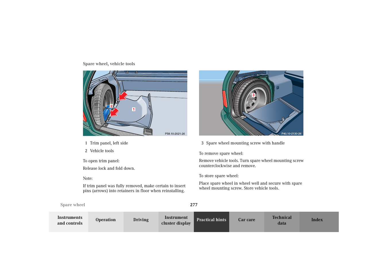 Spare wheel, vehicle tools, storage compartment, Spare wheel, vehicle tools, storage, Compartment | Mercedes-Benz 2003 E -Class Wagon User Manual | Page 280 / 354