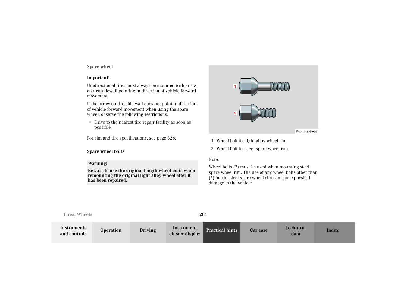 Spare wheel, Spare wheel bolts | Mercedes-Benz 2003 E -Class Wagon User Manual | Page 284 / 354