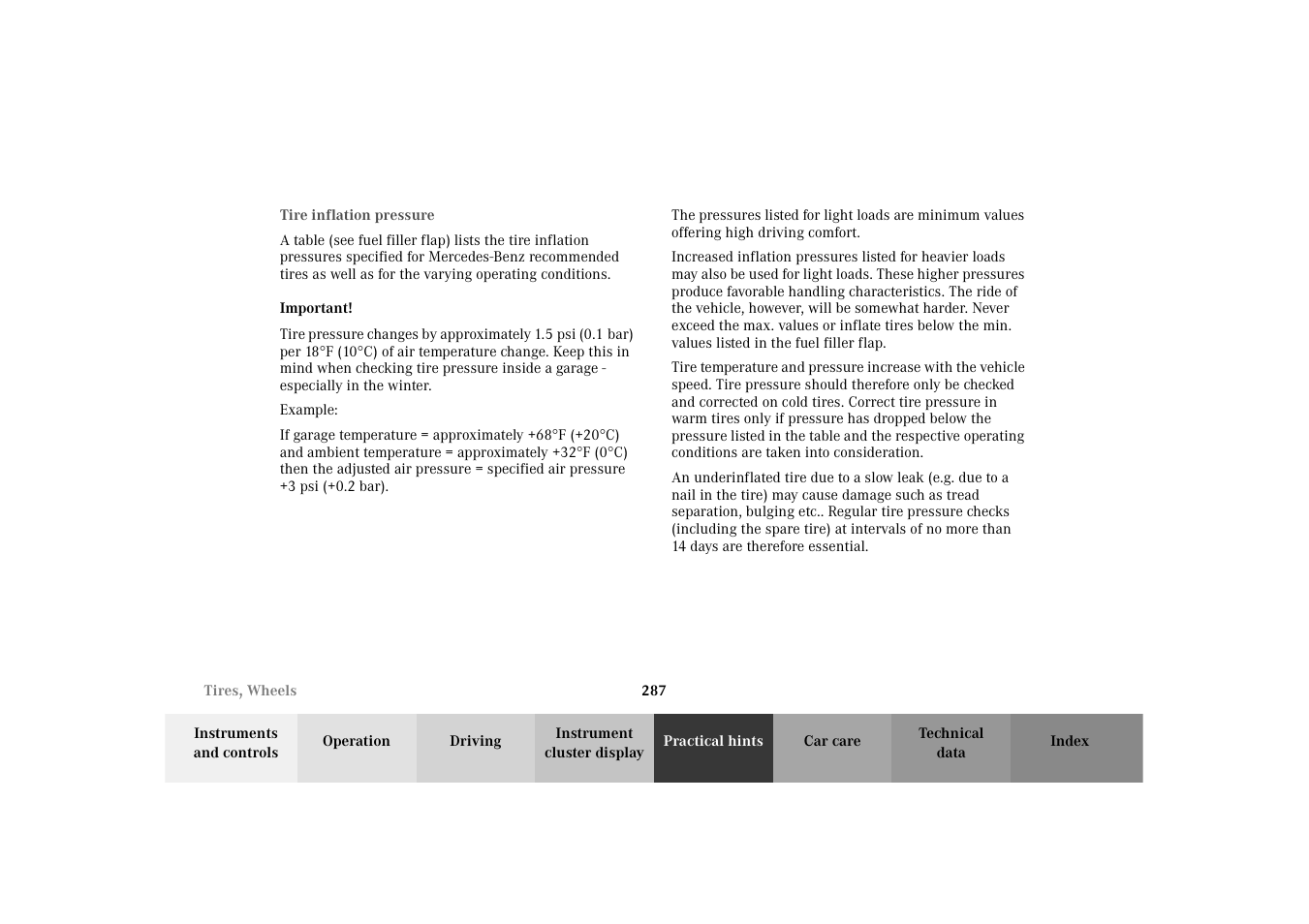 Tire inflation pressure | Mercedes-Benz 2003 E -Class Wagon User Manual | Page 290 / 354
