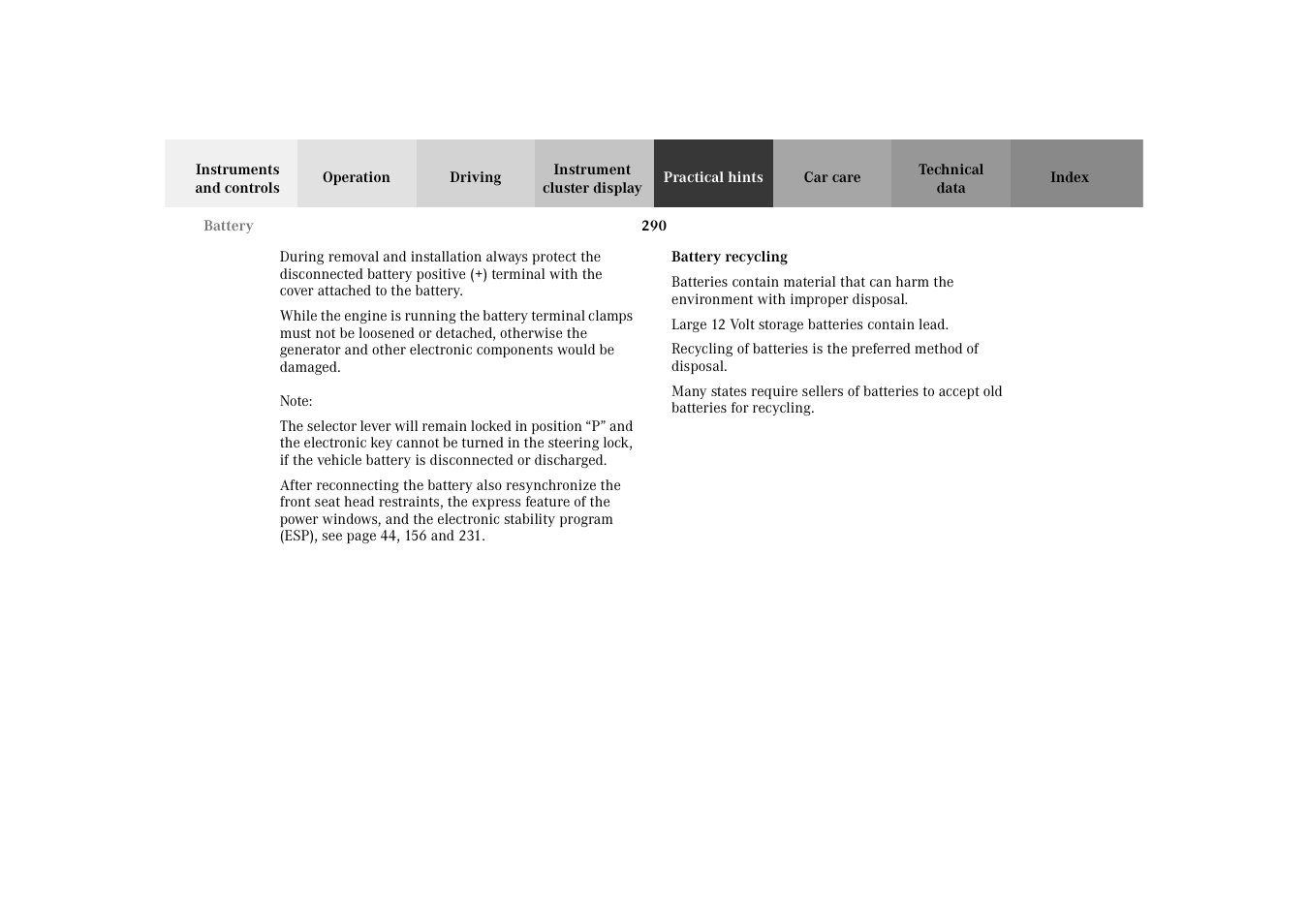 Battery:battery recycling | Mercedes-Benz 2003 E -Class Wagon User Manual | Page 293 / 354