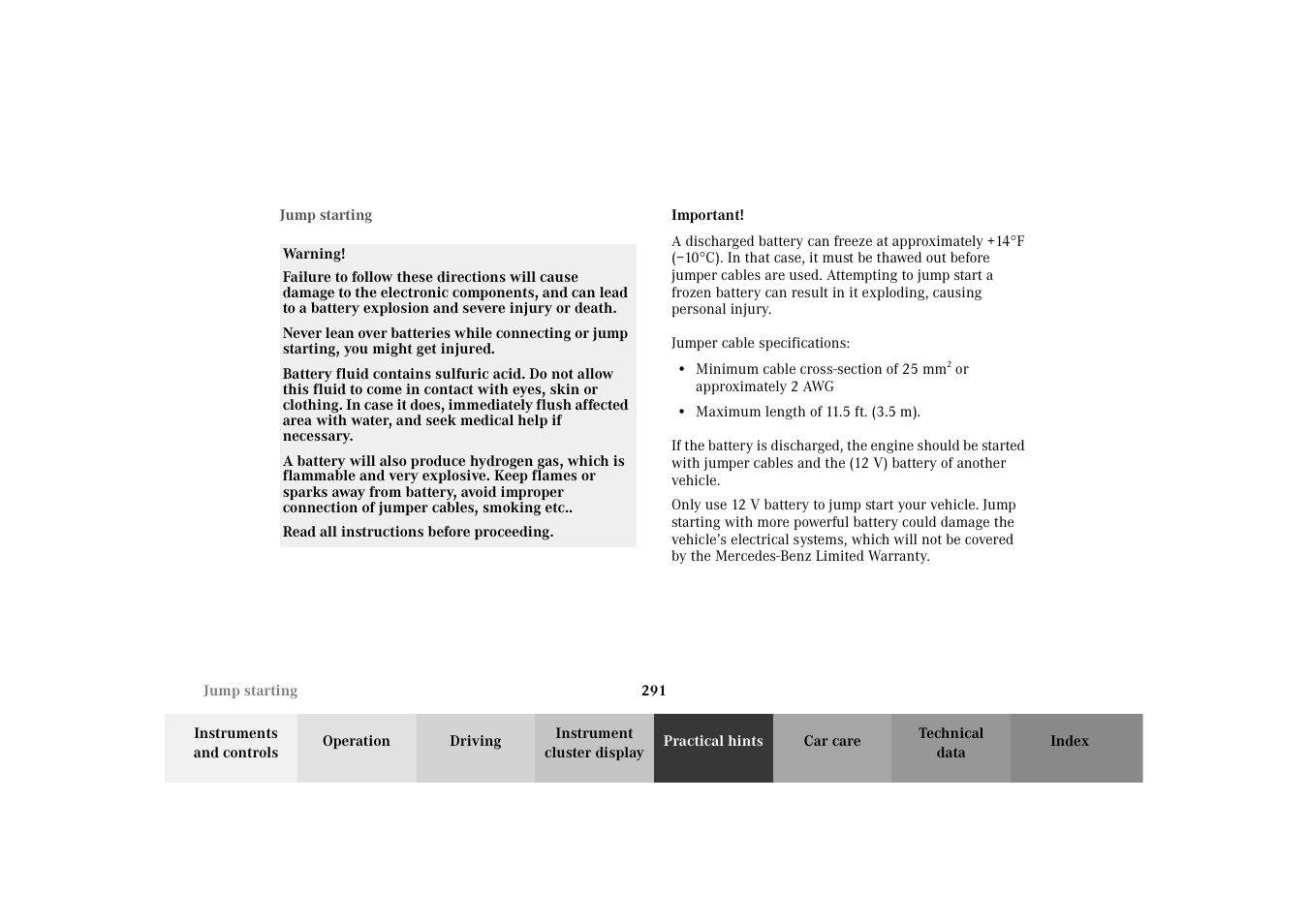Jump starting | Mercedes-Benz 2003 E -Class Wagon User Manual | Page 294 / 354