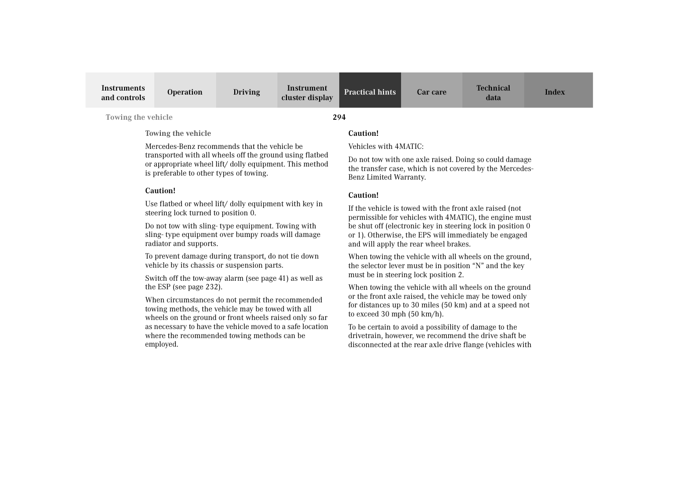 Towing the vehicle | Mercedes-Benz 2003 E -Class Wagon User Manual | Page 297 / 354