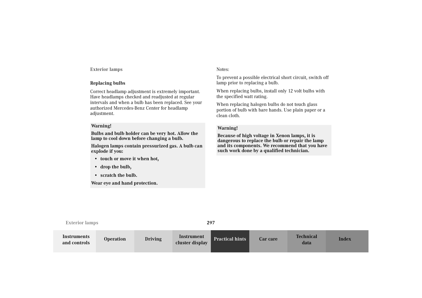 Exterior lamps, Exterior lamps:replacing bulbs | Mercedes-Benz 2003 E -Class Wagon User Manual | Page 300 / 354