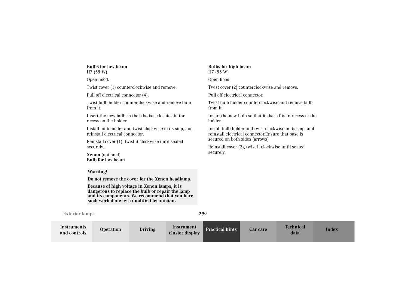 Exterior lamps:low and high beam | Mercedes-Benz 2003 E -Class Wagon User Manual | Page 302 / 354