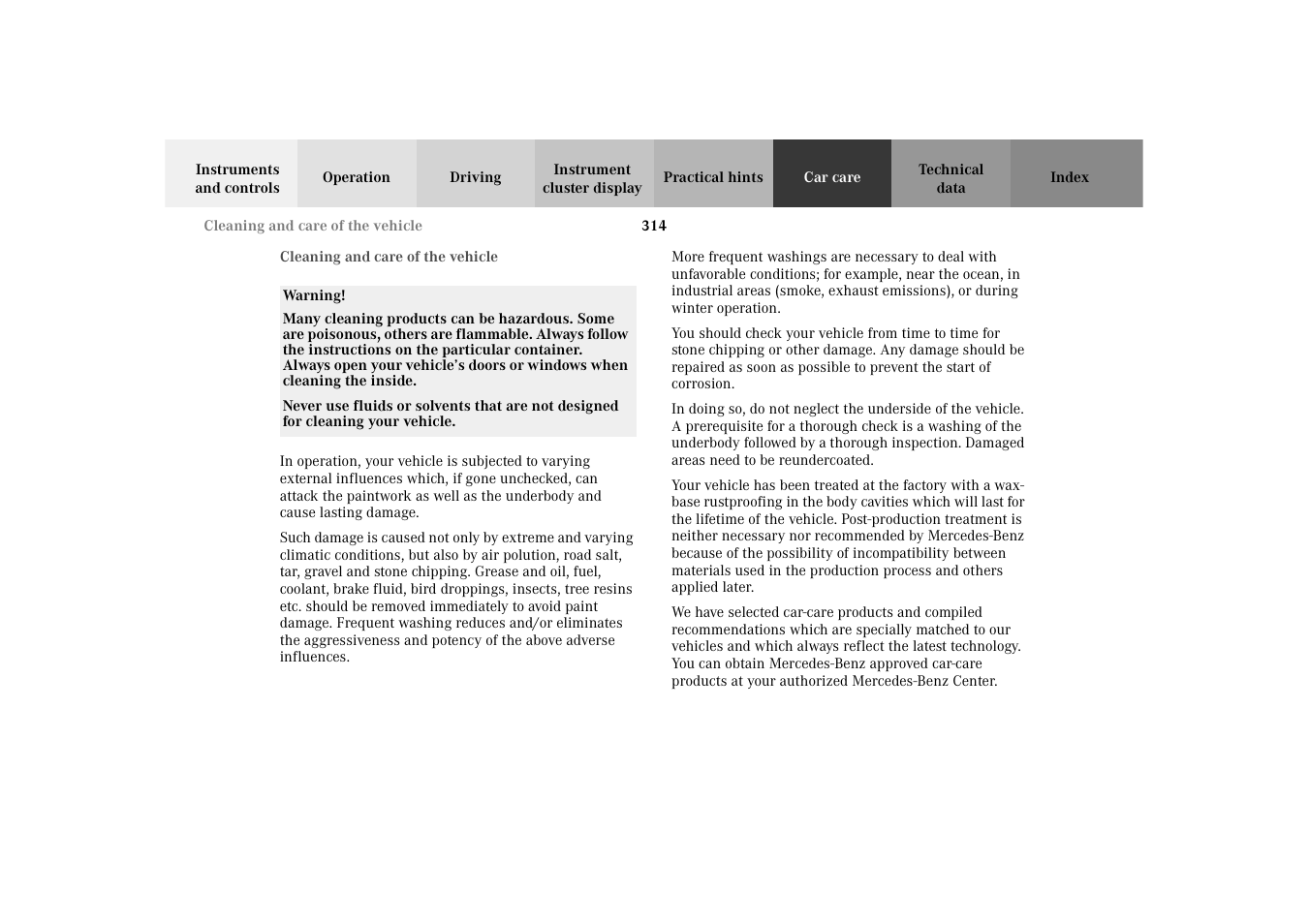 Vehicle care, Cleaning and care of the vehicle . 314 | Mercedes-Benz 2003 E -Class Wagon User Manual | Page 317 / 354