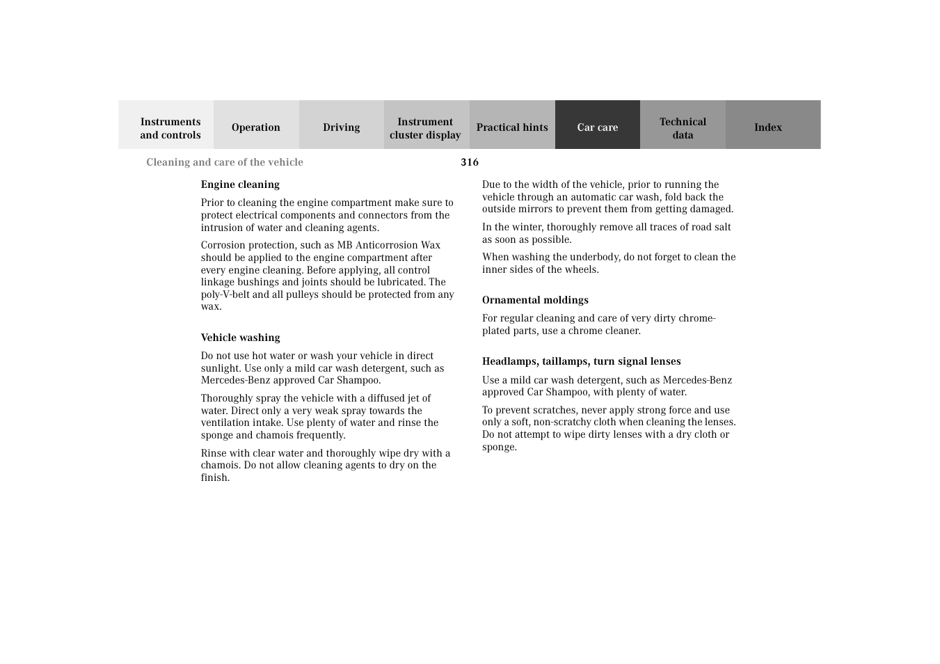 Engine cleaning, Vehicle washing, Ornamental moldings | Headlamps, taillamps, turn signal lenses, Lenses | Mercedes-Benz 2003 E -Class Wagon User Manual | Page 319 / 354