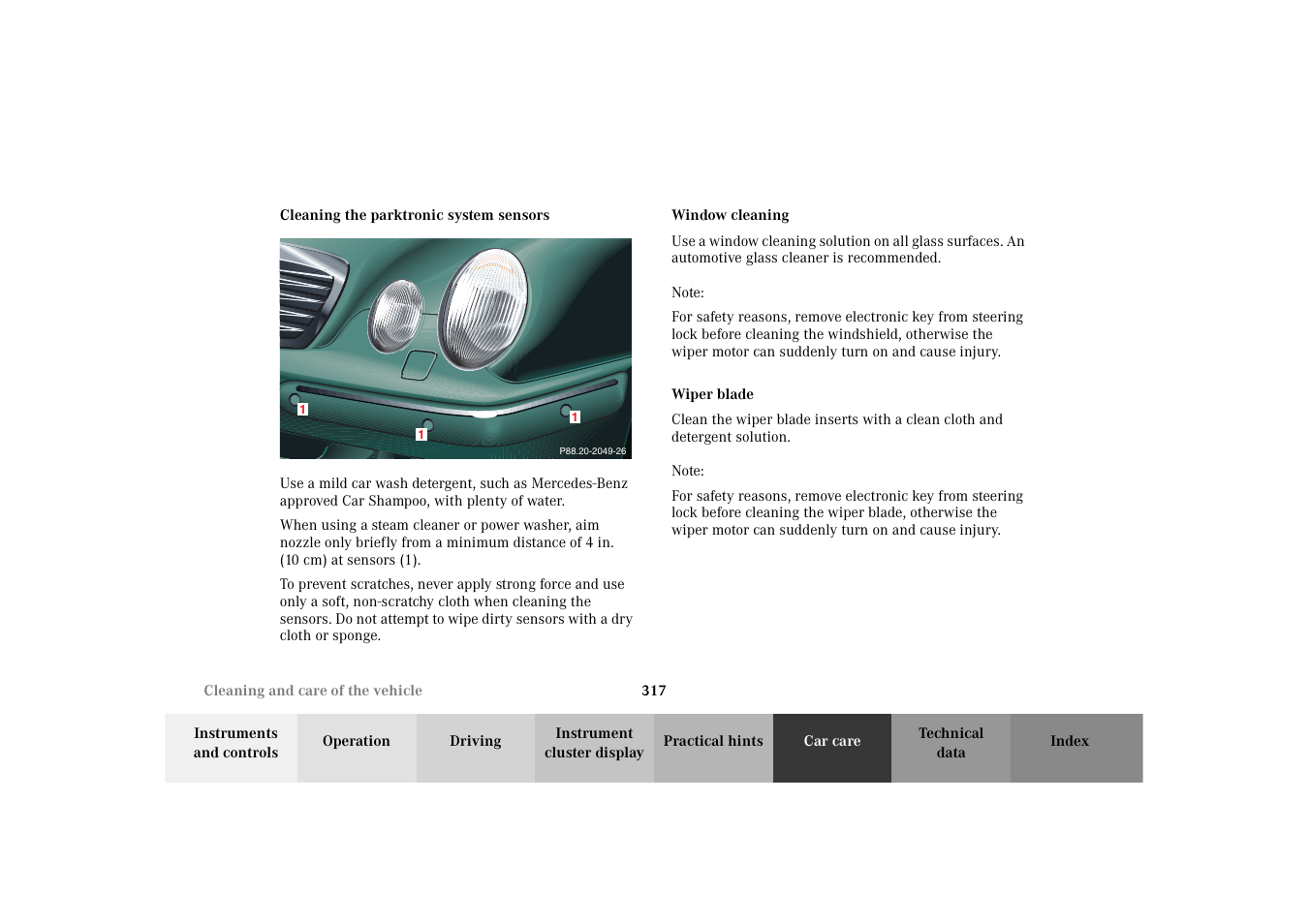 Cleaning the parktronic system sensors, Window cleaning / glass sunroof, Wiper blades | Window cleaning / glass sunroof wiper blades | Mercedes-Benz 2003 E -Class Wagon User Manual | Page 320 / 354