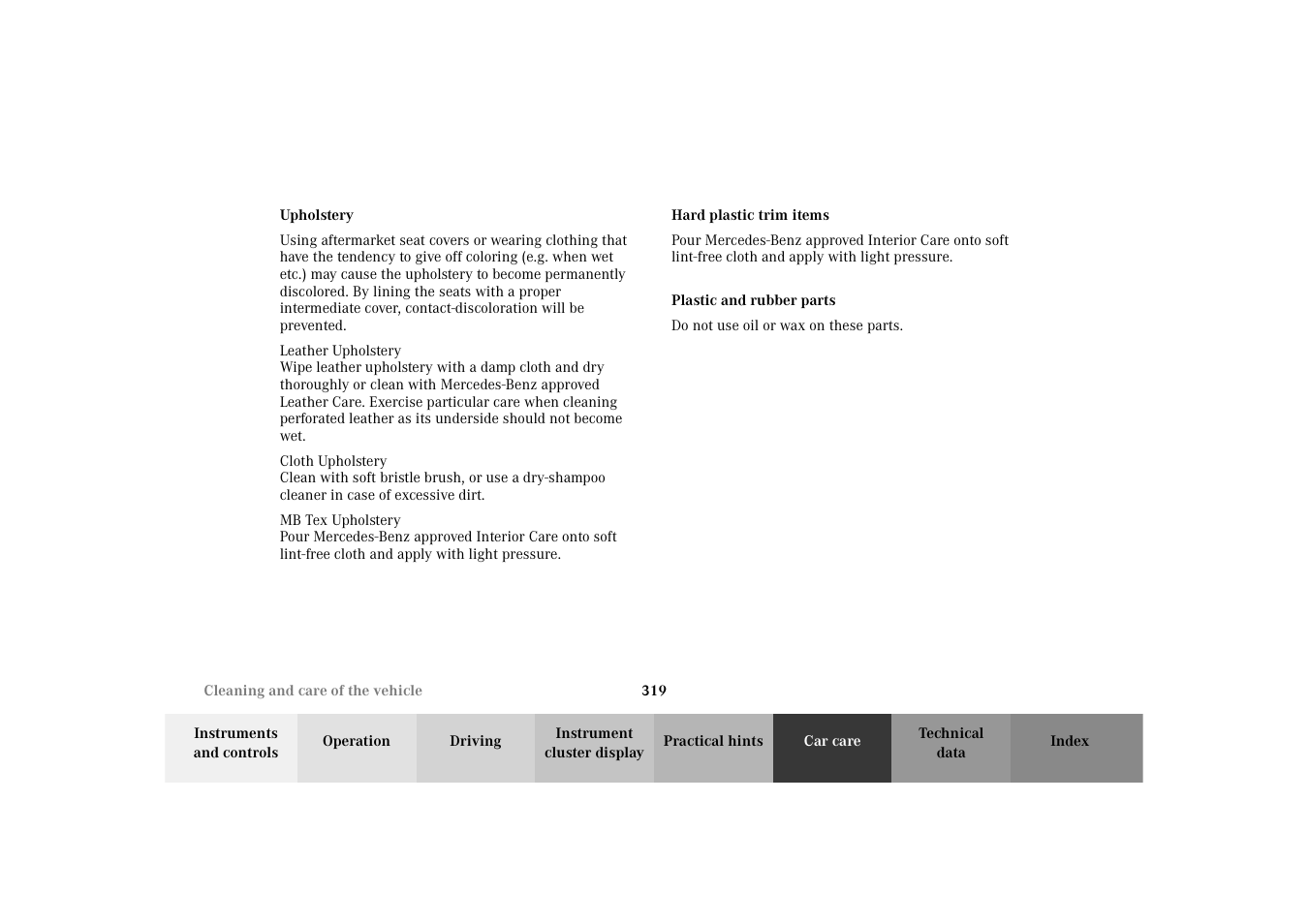 Upholstery, Hard plastic trim items, Plastic and rubber parts | Mercedes-Benz 2003 E -Class Wagon User Manual | Page 322 / 354