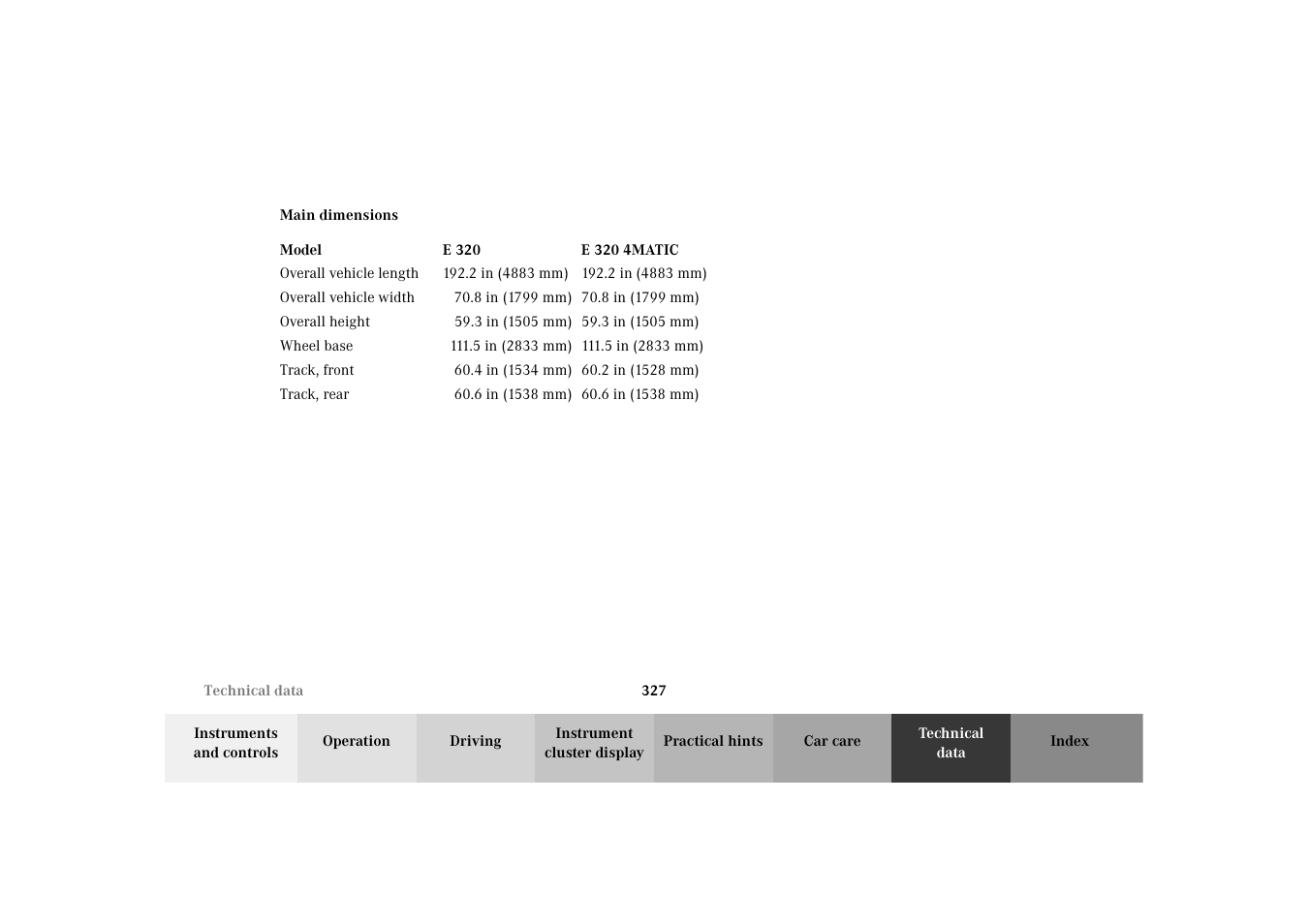 Technical data:main dimensions | Mercedes-Benz 2003 E -Class Wagon User Manual | Page 330 / 354
