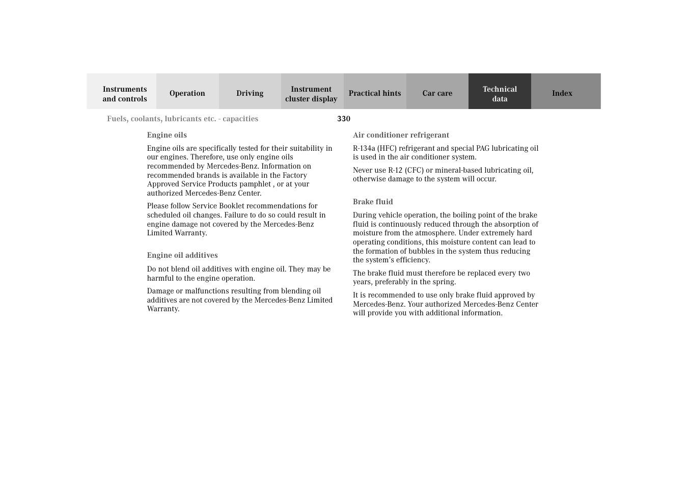 Engine oils, Engine oil additives, Air conditioner refrigerant | Brake fluid | Mercedes-Benz 2003 E -Class Wagon User Manual | Page 333 / 354