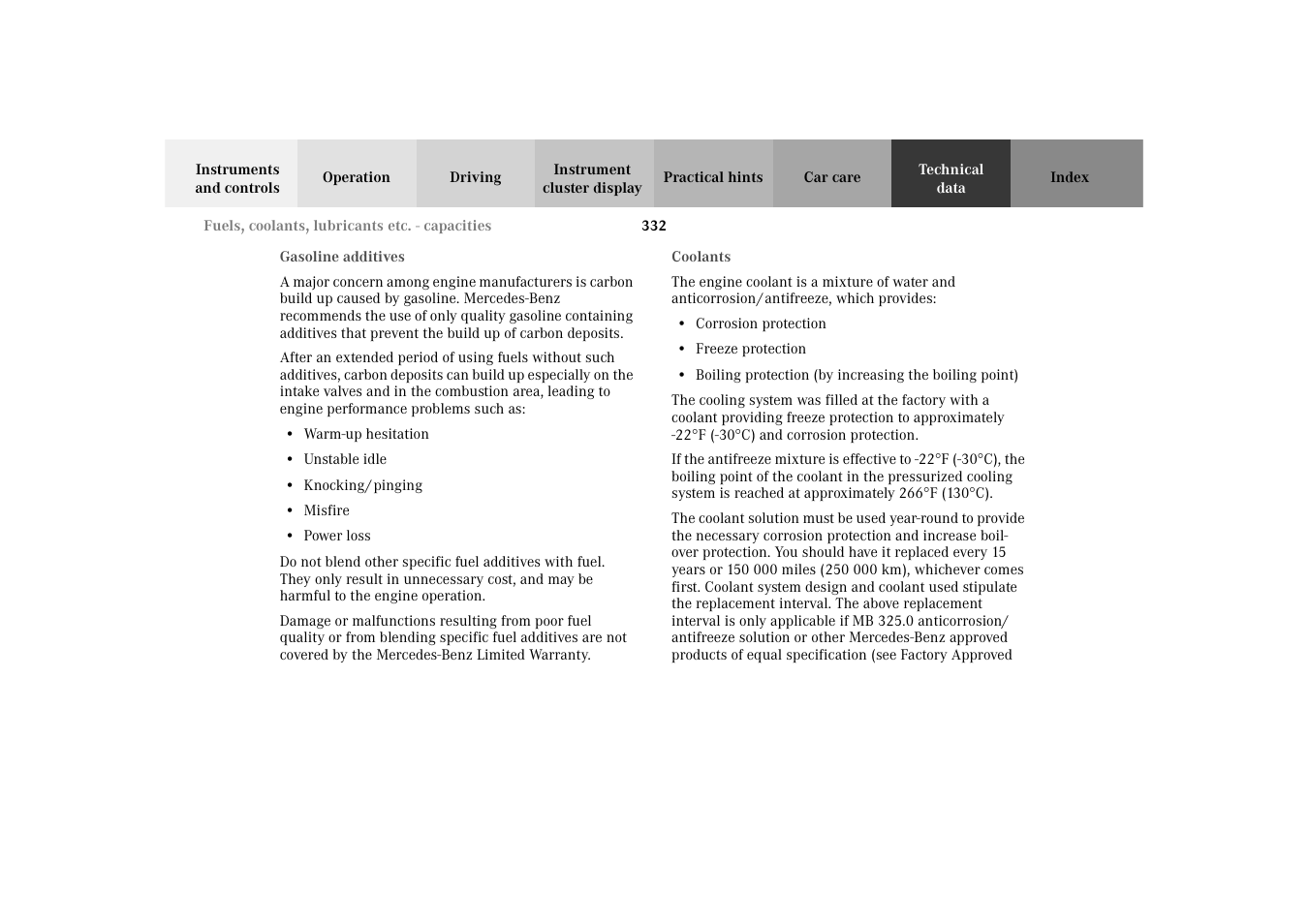Gasoline additives, Coolants, Gasoline additives coolants | Mercedes-Benz 2003 E -Class Wagon User Manual | Page 335 / 354