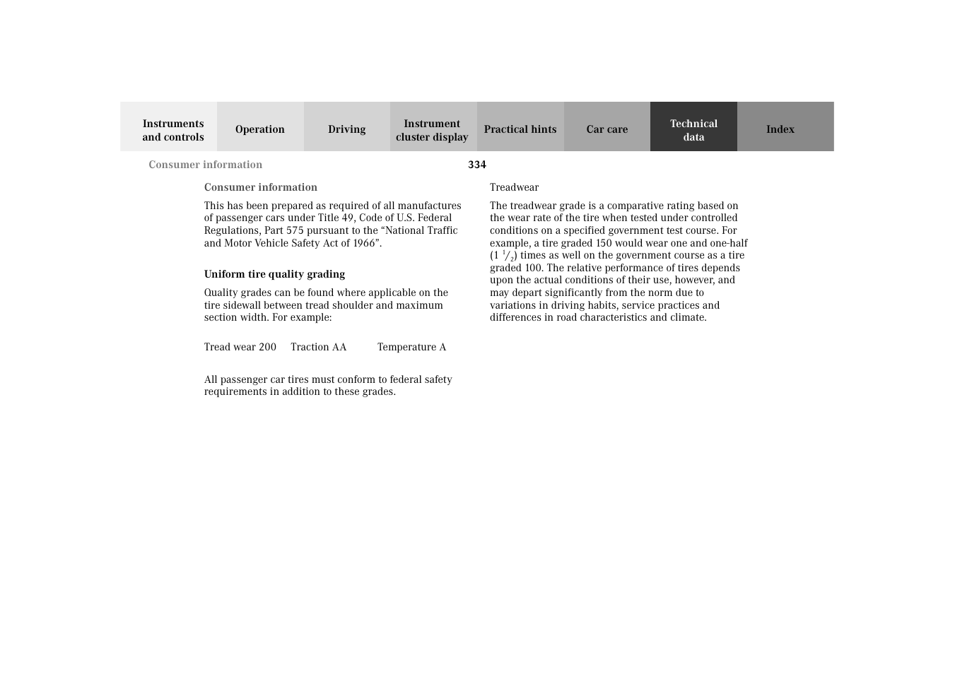Consumer information, Uniform tire quality grading | Mercedes-Benz 2003 E -Class Wagon User Manual | Page 337 / 354