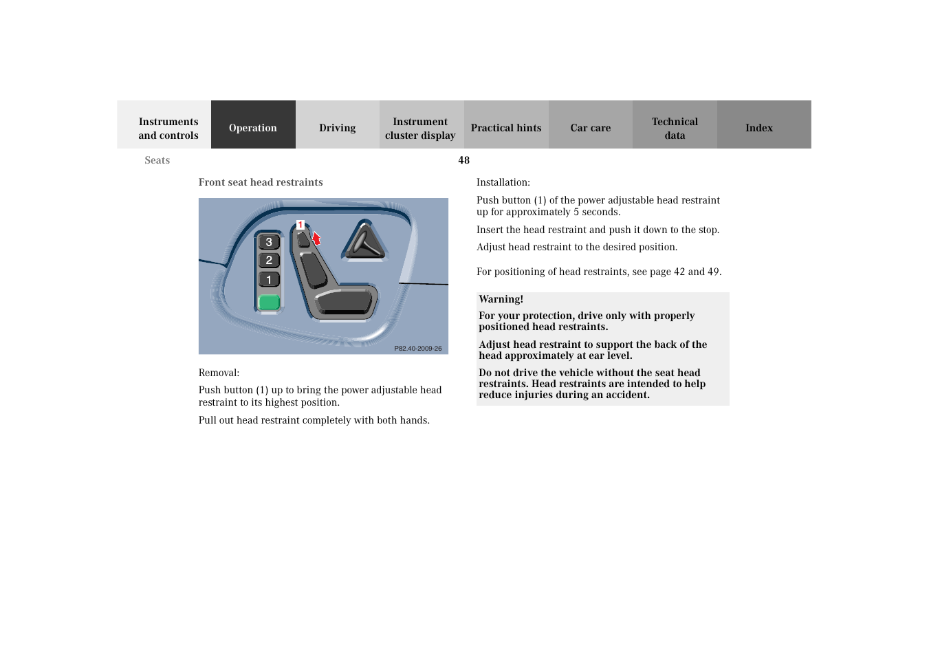 Front seat head restraints | Mercedes-Benz 2003 E -Class Wagon User Manual | Page 51 / 354