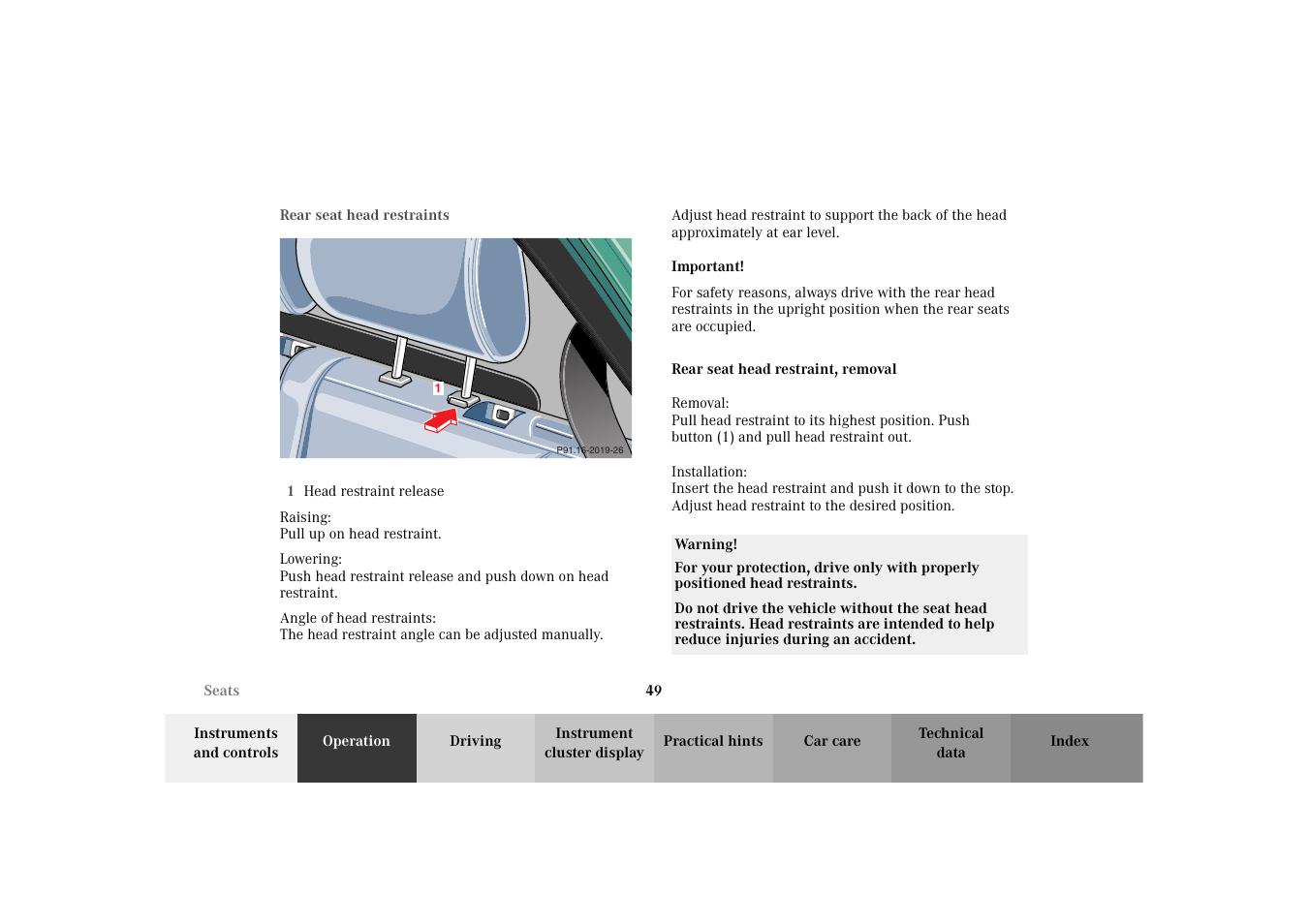 Rear seat head restraints, Rear seat head restraint, removal | Mercedes-Benz 2003 E -Class Wagon User Manual | Page 52 / 354