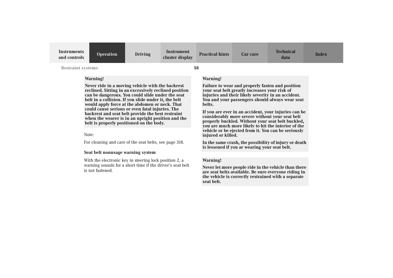 Seat belt nonusage warning, System | Mercedes-Benz 2003 E -Class Wagon User Manual | Page 61 / 354