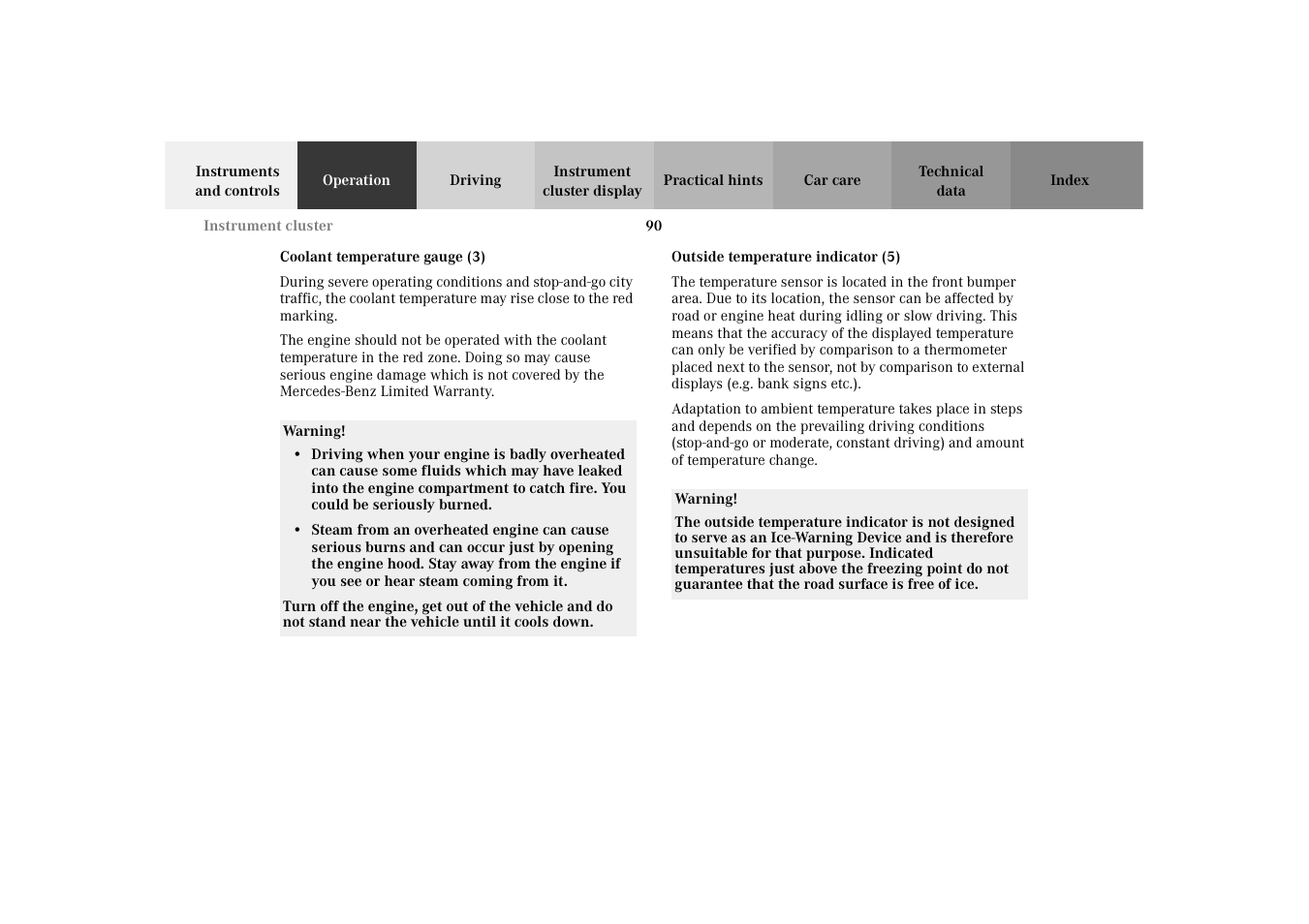 Coolant temperature gauge, Outside temperature indicator | Mercedes-Benz 2003 E -Class Wagon User Manual | Page 93 / 354
