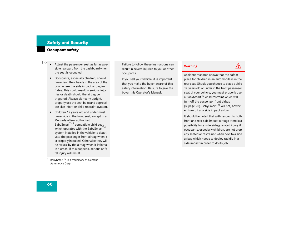 60 safety and security | Mercedes-Benz 2005 ML 350 User Manual | Page 62 / 356