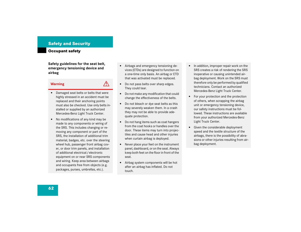 62 safety and security | Mercedes-Benz 2005 ML 350 User Manual | Page 64 / 356