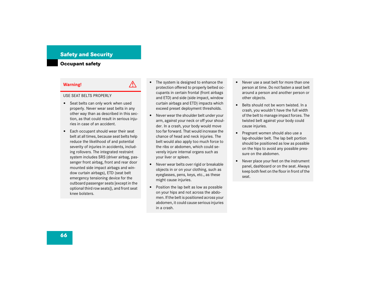 66 safety and security | Mercedes-Benz 2005 ML 350 User Manual | Page 68 / 356