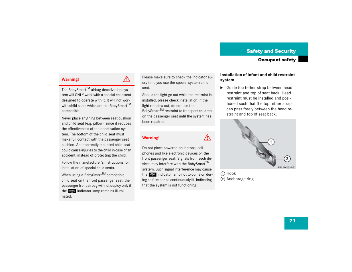 71 safety and security | Mercedes-Benz 2005 ML 350 User Manual | Page 73 / 356