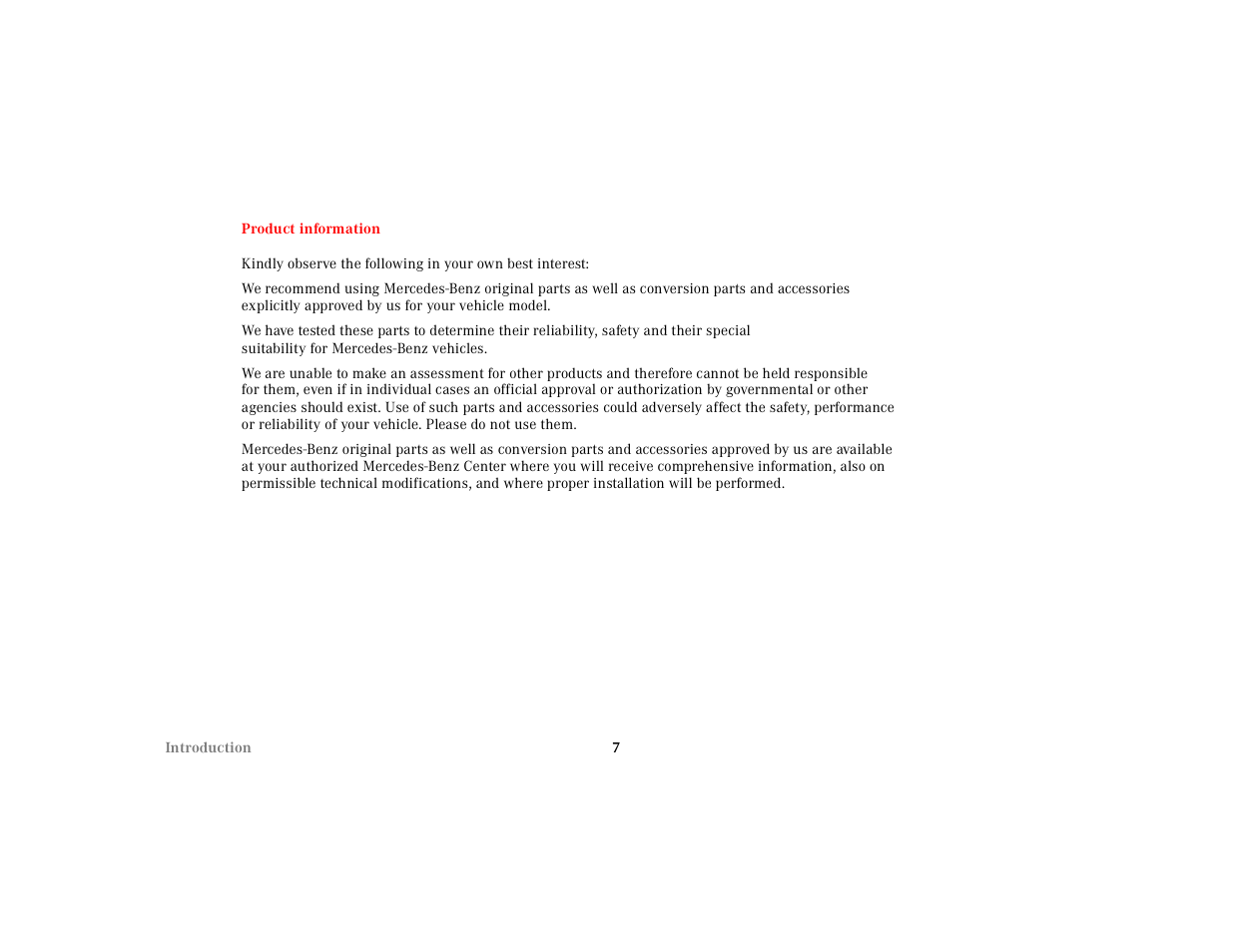 Introduction, Product information | Mercedes-Benz 2001 E-Class User Manual | Page 10 / 341