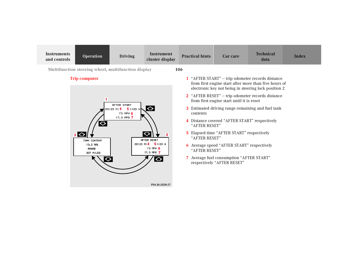 Trip computer, Graphic, Afterstart | Afterreset, 4 distance covered, 5 elapsed time, 6 average speed, 7 average fuel consumption | Mercedes-Benz 2001 E-Class User Manual | Page 109 / 341
