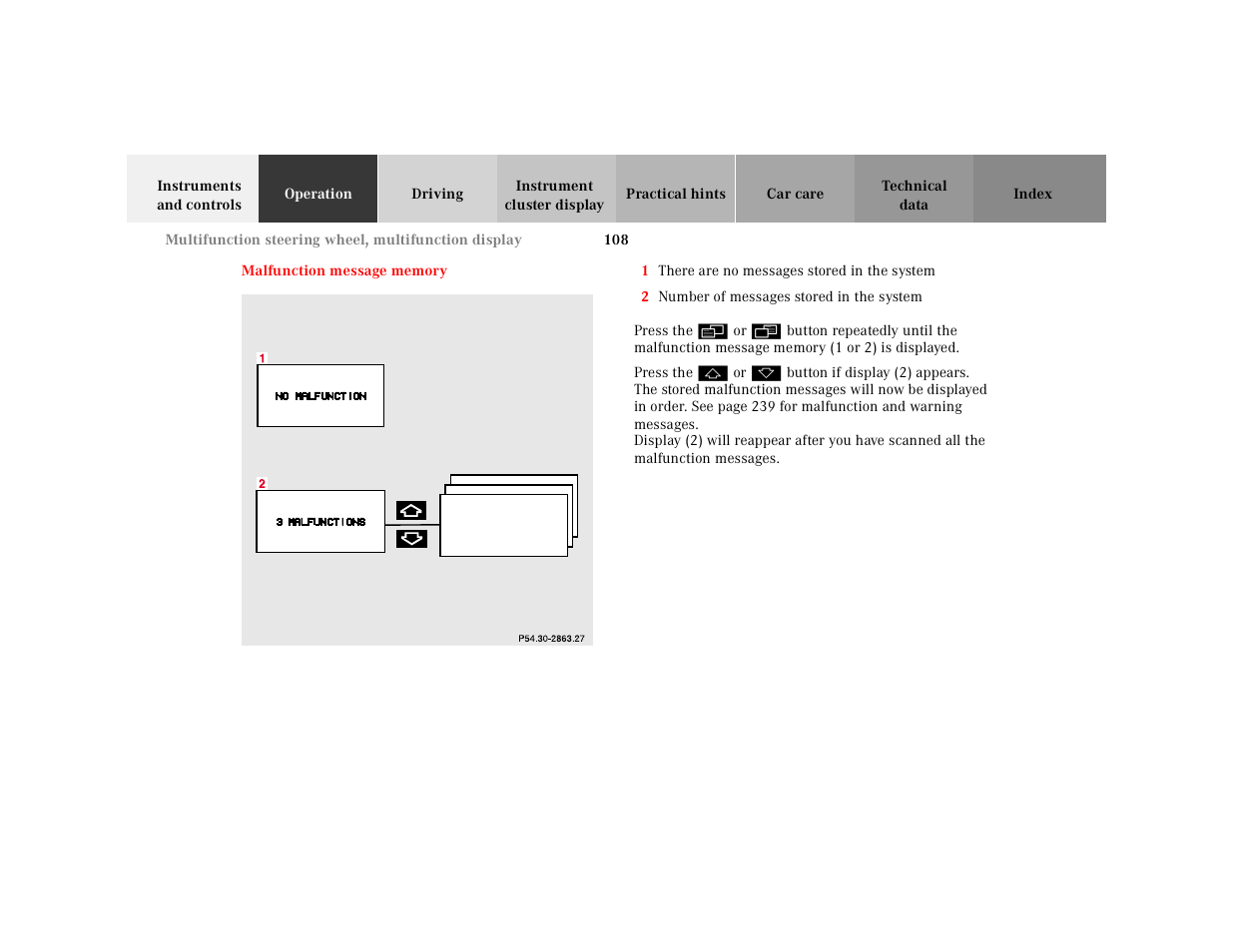 Malfunction message memory, Graphic, 1 there are no messages stored in the system | 2 number of messages stored in the system, Press the | Mercedes-Benz 2001 E-Class User Manual | Page 111 / 341