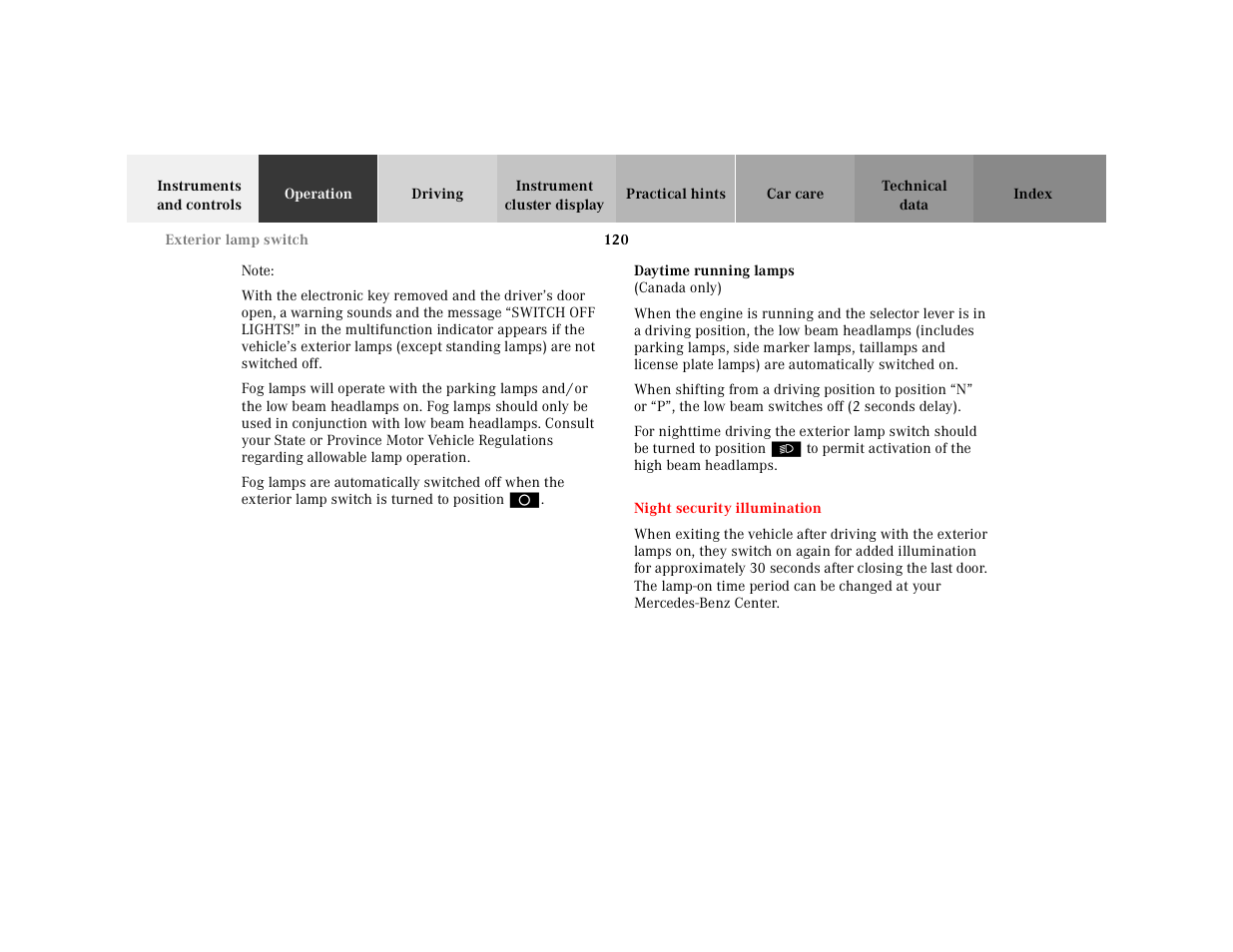 Note, Daytime running lamps, When shifting from a driving position to position | Night security illumination | Mercedes-Benz 2001 E-Class User Manual | Page 123 / 341