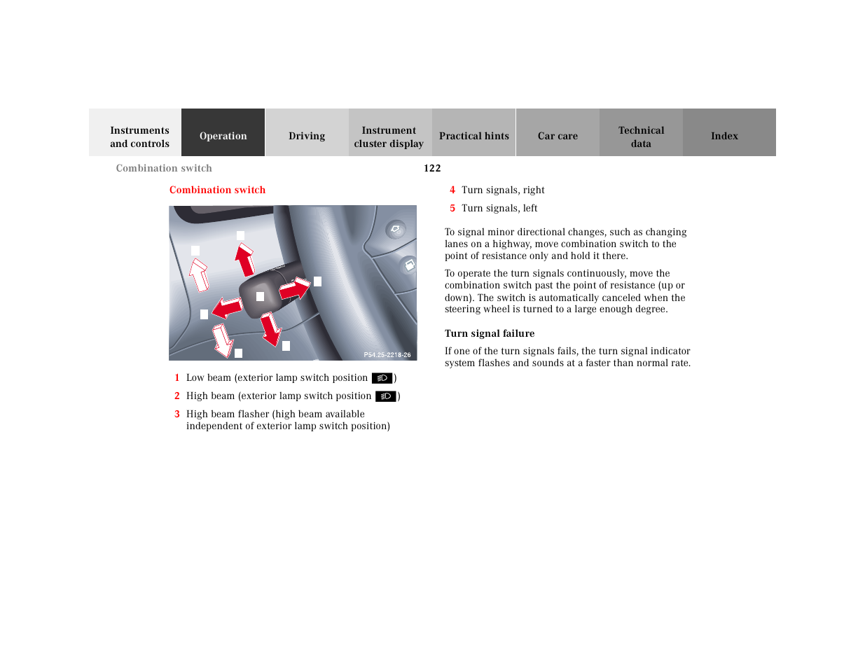 Combination switch, Graphic, 1 low beam (exterior lamp switch position | 2 high beam (exterior lamp switch position, 4 turn signals, right, 5 turn signals, left, Turn signal failure | Mercedes-Benz 2001 E-Class User Manual | Page 125 / 341