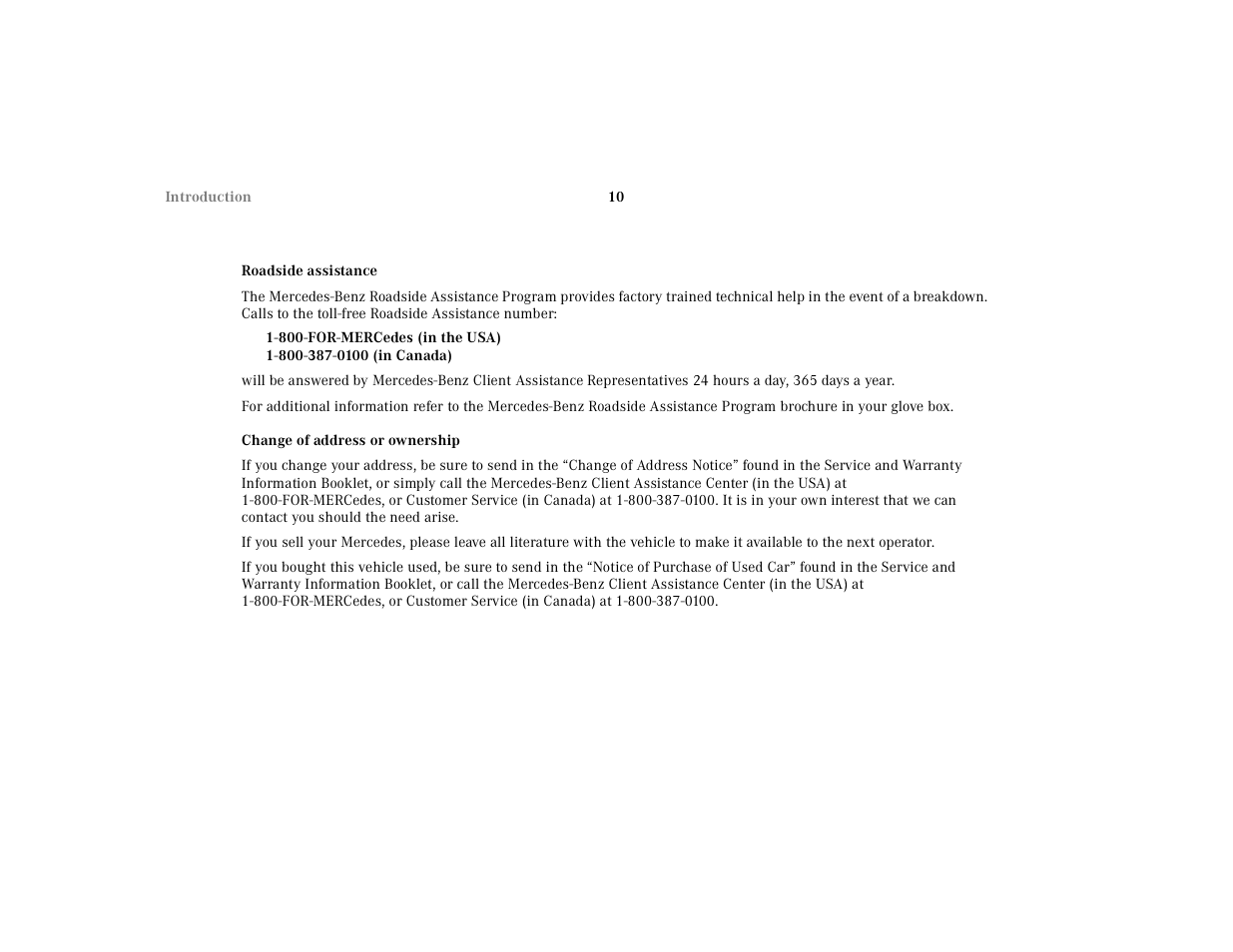 Roadside assistance, Change of address or ownership, If you change your address, be sure to send in the | Mercedes-Benz 2001 E-Class User Manual | Page 13 / 341