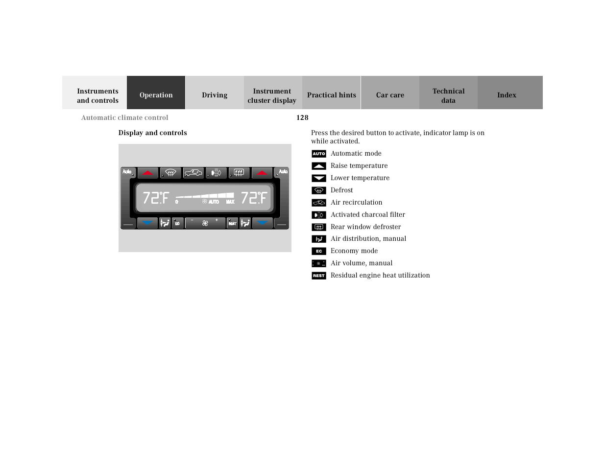 Display and controls, Graphic, Automatic mode | Raise temperature, Lower temperature, Defrost, Air recirculation, Activated charcoal filter, Rear window defroster, Air distribution, manual | Mercedes-Benz 2001 E-Class User Manual | Page 131 / 341