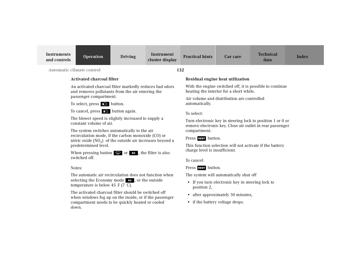 Activated charcoal filter, To select, press, To cancel, press | When pressing button, Notes, Residual engine heat utilization, To select, Press, To cancel, The system will automatically shut off | Mercedes-Benz 2001 E-Class User Manual | Page 135 / 341