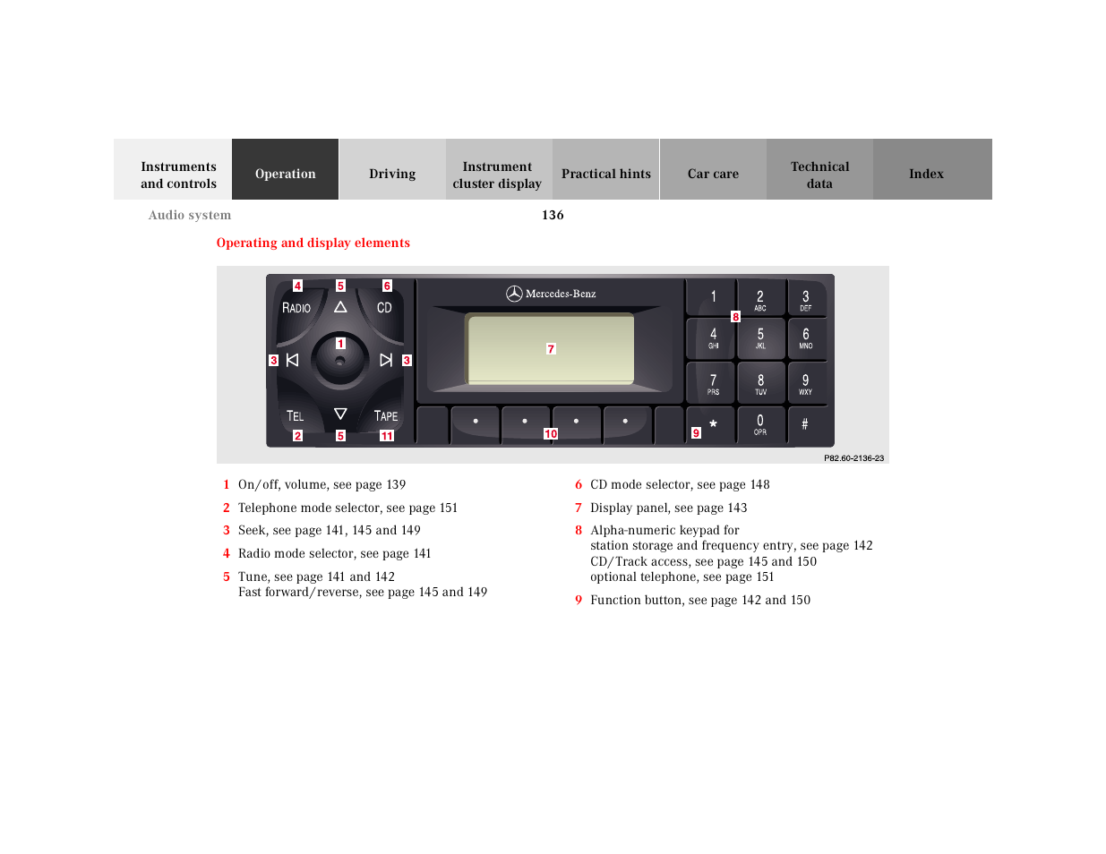 Operating and display elements, Graphic, 1 on/off, volume | 2 telephone mode selector, 3 seek, 4 radio mode selector, 5 tune, 6 cd mode selector, 7 display panel, 9 function button | Mercedes-Benz 2001 E-Class User Manual | Page 139 / 341