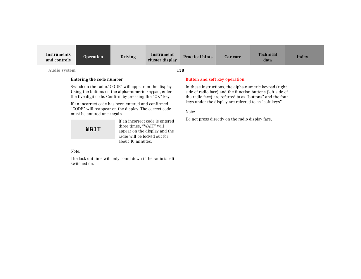 Entering the code number, Switch on the radio, Graphic | Note, Button and soft key operation, Do not press directly on the radio display face | Mercedes-Benz 2001 E-Class User Manual | Page 141 / 341