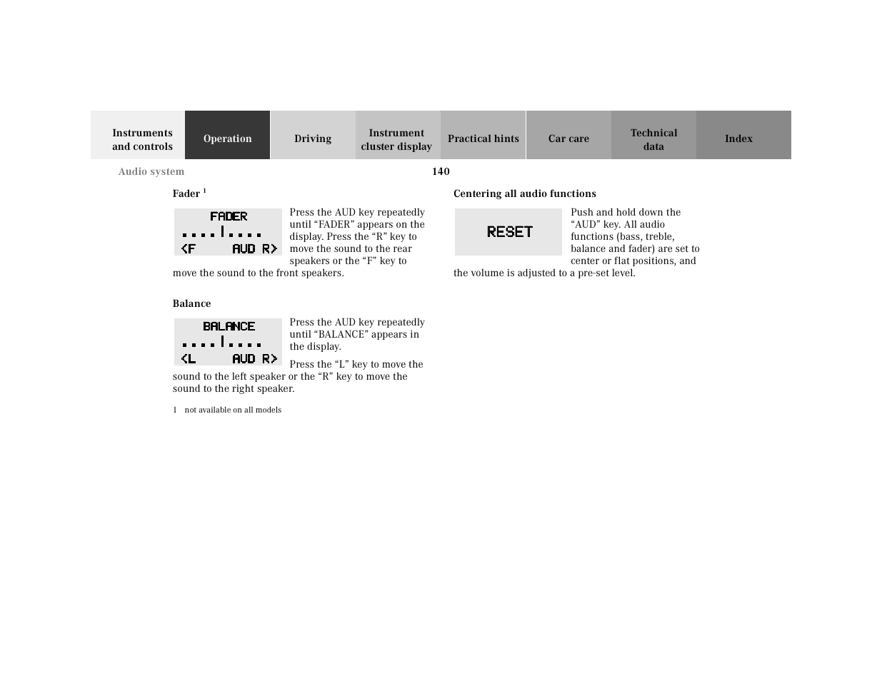 Fader, Graphic, Balance | Press the, Centering all audio functions | Mercedes-Benz 2001 E-Class User Manual | Page 143 / 341