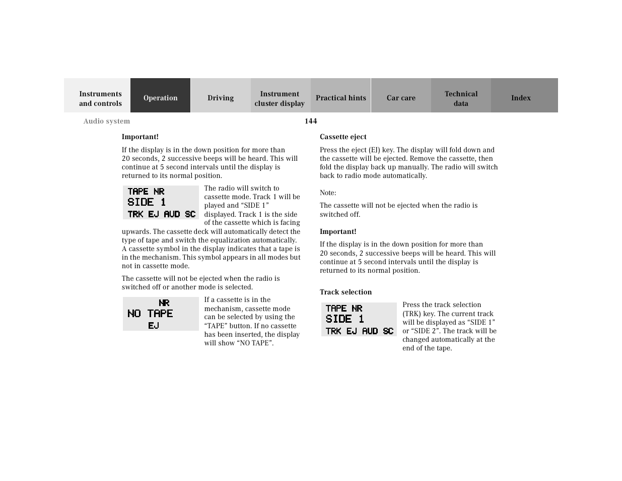 Important, Graphic, Cassette eject | Note, Track selection | Mercedes-Benz 2001 E-Class User Manual | Page 147 / 341