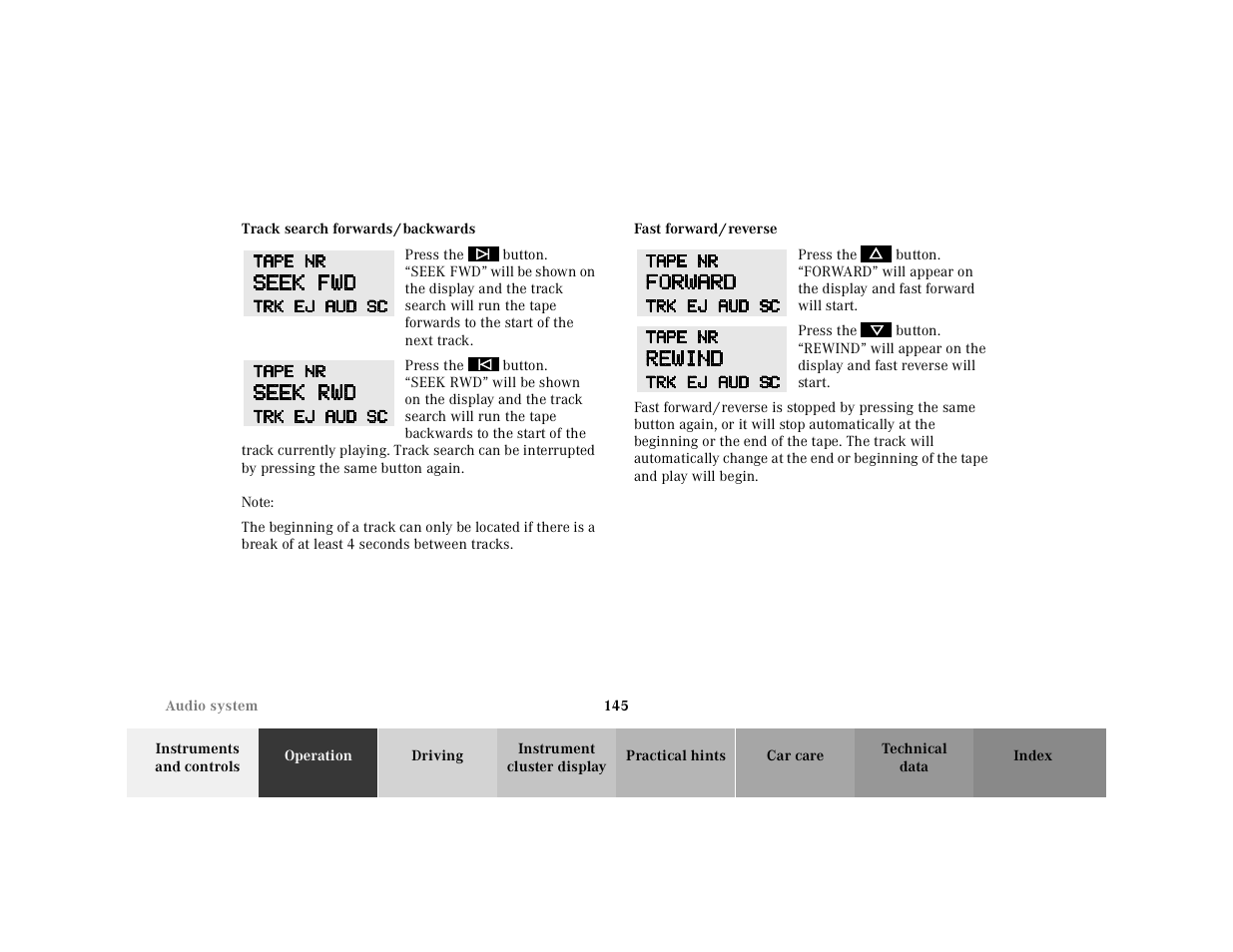 Track search forwards/backwards, Graphic, Note | Fast forward/reverse | Mercedes-Benz 2001 E-Class User Manual | Page 148 / 341