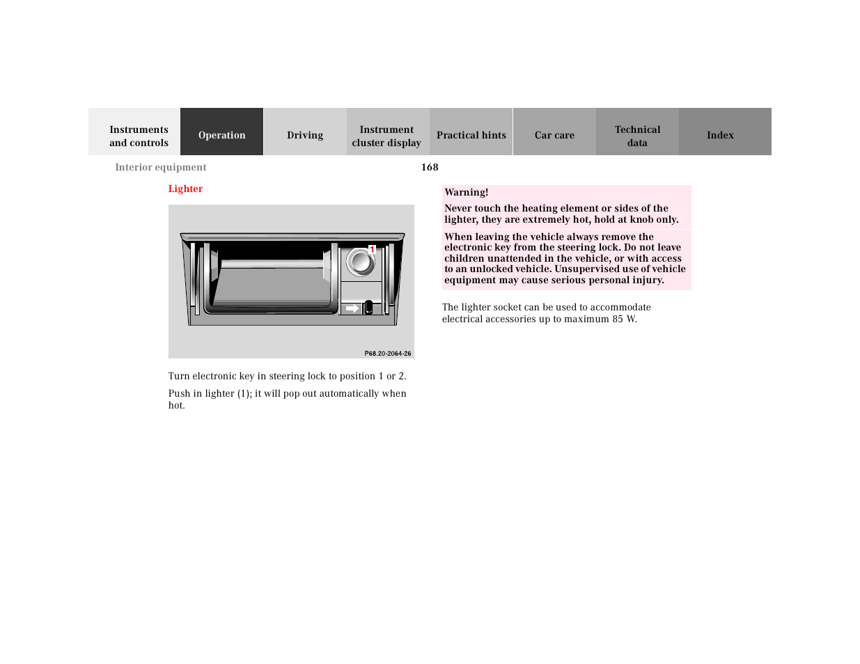 Lighter, Graphic, Table | Table body, Table row, Warning | Mercedes-Benz 2001 E-Class User Manual | Page 171 / 341