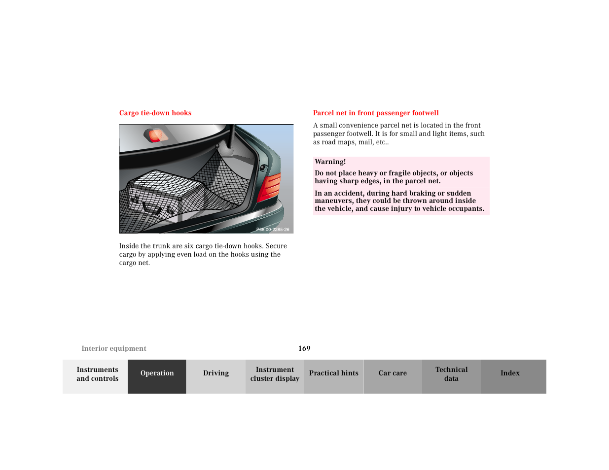 Cargo tie-down hooks, Graphic, Parcel net in front passenger footwell | Table, Table body, Table row, Warning | Mercedes-Benz 2001 E-Class User Manual | Page 172 / 341