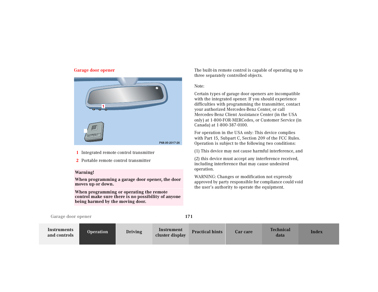 Garage door opener, Graphic, 1 integrated remote control transmitter | 2 portable remote control transmitter, Table, Table body, Table row, Warning, Note | Mercedes-Benz 2001 E-Class User Manual | Page 174 / 341