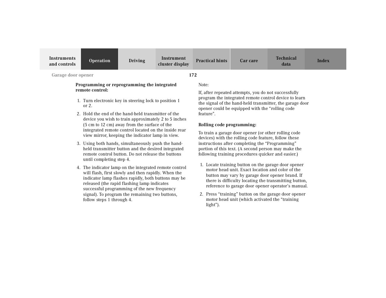 Note, Rolling code programming, Press | Mercedes-Benz 2001 E-Class User Manual | Page 175 / 341