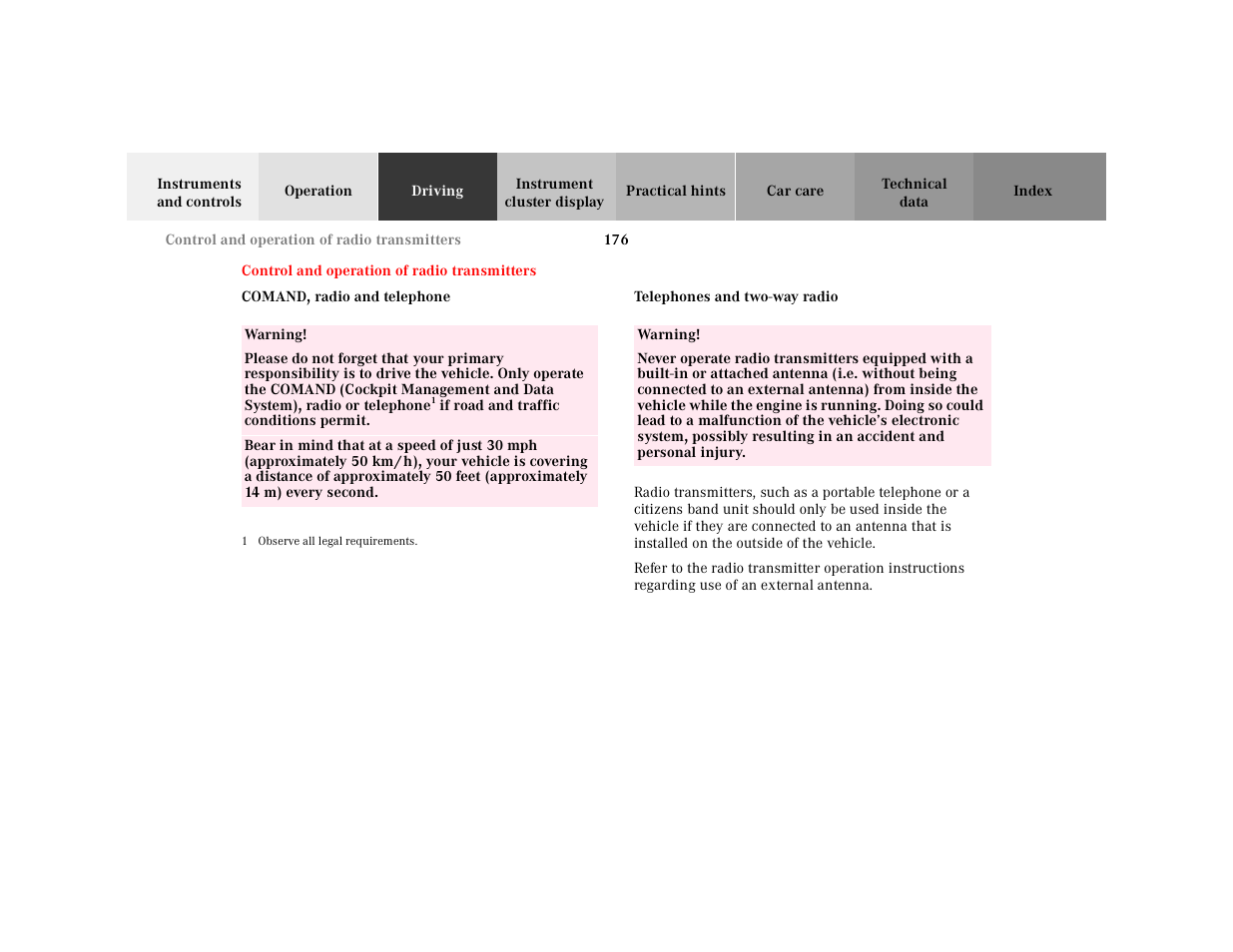 Driving, Control and operation of radio transmitters, Comand, radio and telephone | Comand, Table, Table body, Table row, Warning, 1 observe all legal requirements, Telephones and two-way radios | Mercedes-Benz 2001 E-Class User Manual | Page 179 / 341