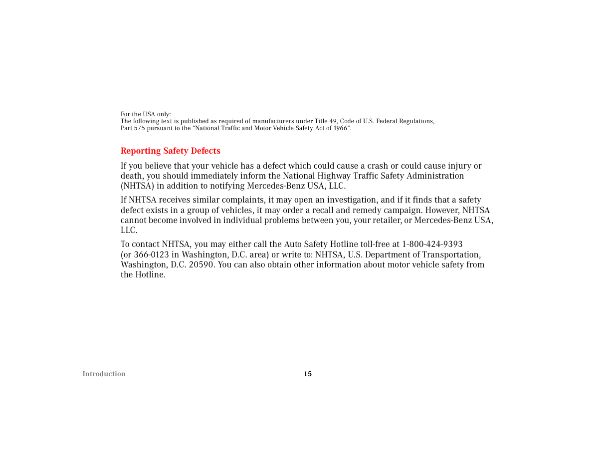 For the, Reporting safety defects, To contact | Mercedes-Benz 2001 E-Class User Manual | Page 18 / 341