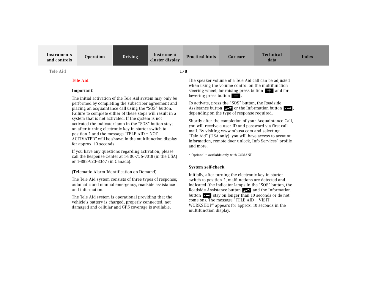 Tele aid, Important, To activate, press the | System self-check | Mercedes-Benz 2001 E-Class User Manual | Page 181 / 341