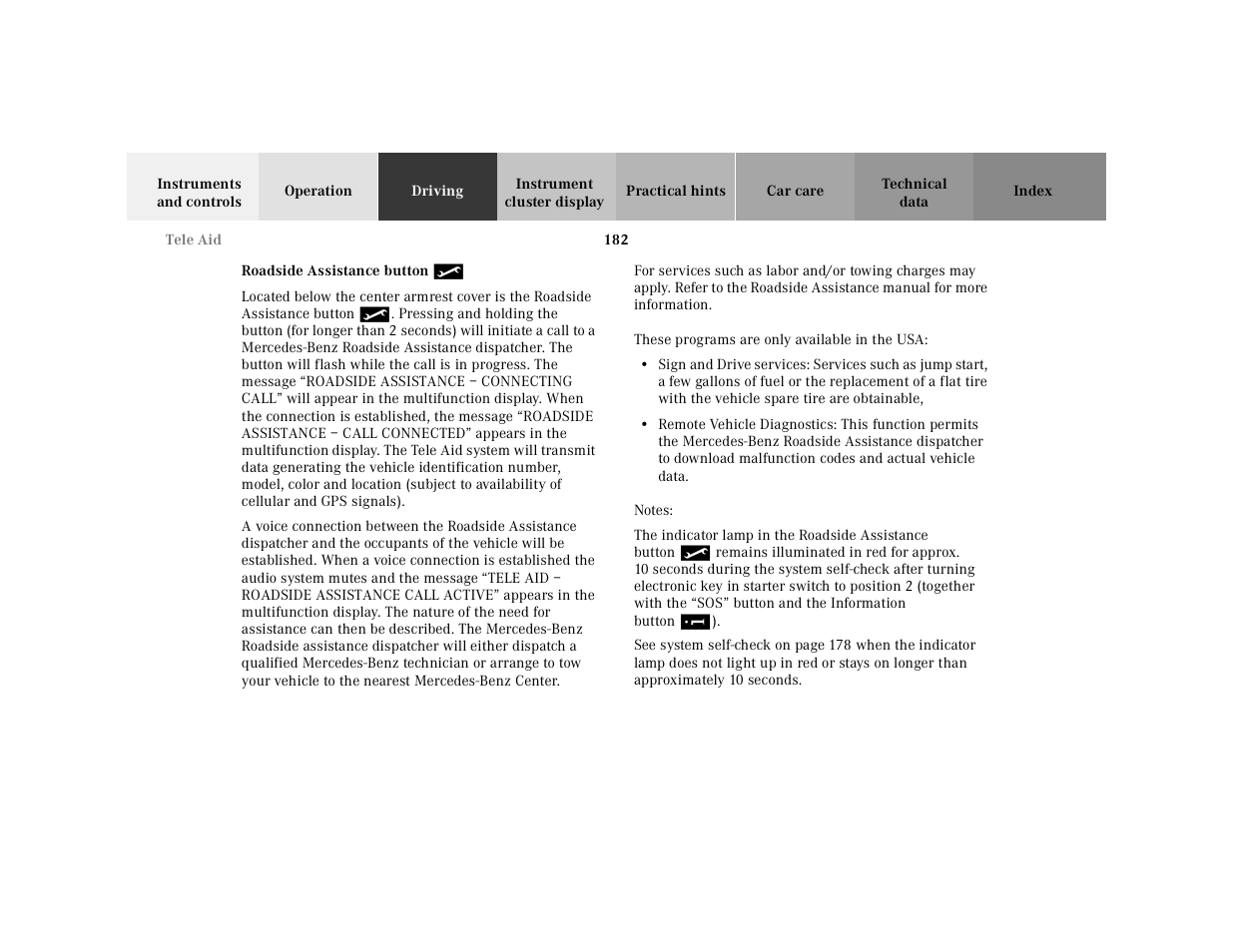 Tele aid:roadside assistance, These programs are only available in the, Notes | Mercedes-Benz 2001 E-Class User Manual | Page 185 / 341